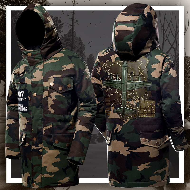 Winter PUBG Zip Up Long Thick Coat Playerunknown'S Battlegrounds Army Green Hooded Coat