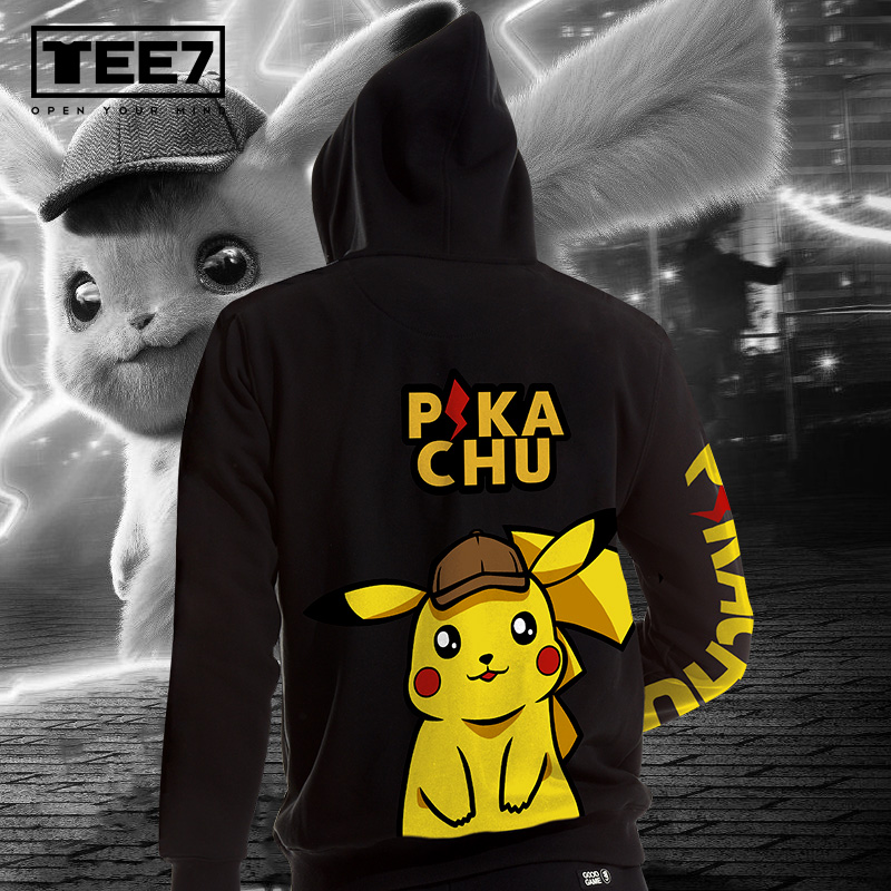 Indah Pikachu Hoodie Hitam Zip up Berkerudung Kaus