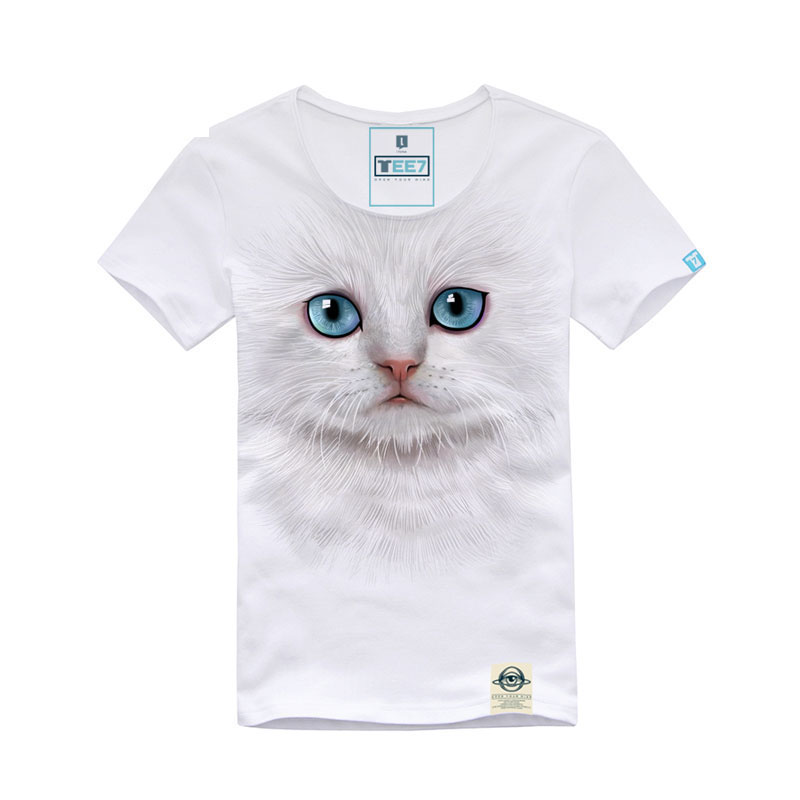 3D Cat T-shirt White animal Tees For Women