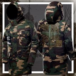 Musim dingin PUBG Zip Up Long Thick Coat Playerunknown's Battlegrounds Army Green Hooded Coat